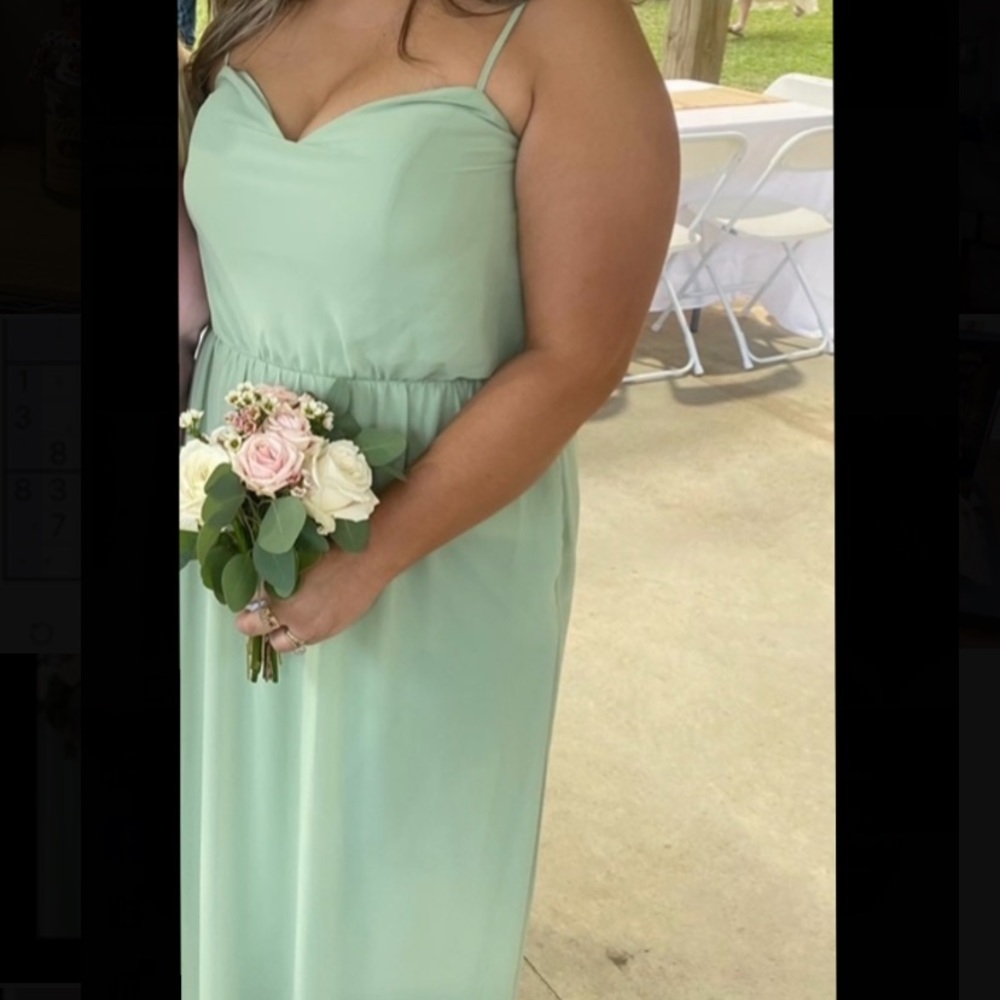 Sage green bridesmaid dress by Kennedy Blue. Worn once; no stains or tears.